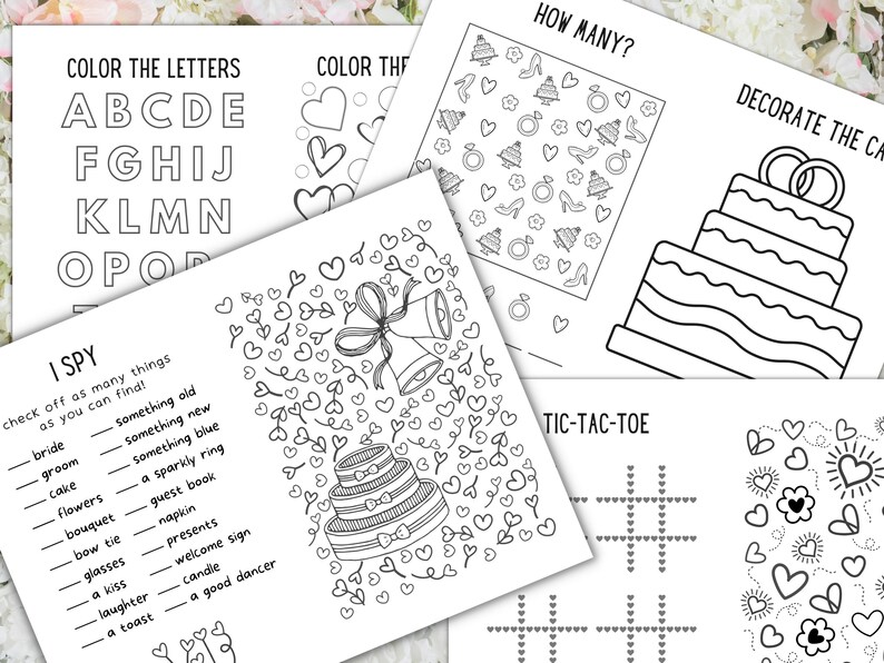 May include: A printable wedding activity booklet with black and white illustrations. The booklet includes activities such as coloring the letters, I Spy, How Many, Tic-Tac-Toe, and Decorate the Cake.