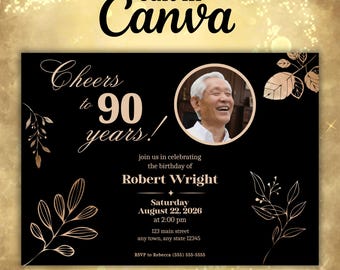 90th Birthday Invitation | 50th 60th 70th 80th 100th Birthday Invite Canva Editable Printable Evite Bday