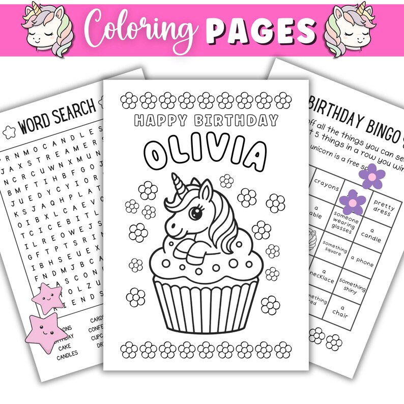 Unicorn Birthday Coloring Pages Book: Printable 25 Page Party Game ...