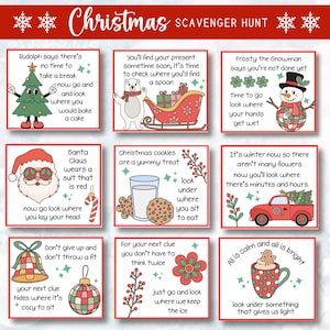 以下が含まれることがあります： 10枚のイラスト入りカードを使ったクリスマスの宝探しゲーム。各カードには、次のアイテムを見つけるためのなぞなぞやヒントが書かれています。カードには、サンタクロース、赤い鼻のルドルフ、フロスティ・ザ・スノーマン、クリスマスツリー、ジンジャーブレッドマン、クリスマスクッキー、牛乳の入ったグラス、赤いトラック、ベル、ホットチョコレートの入ったマグカップが描かれています。