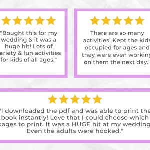 May include: Three customer reviews with five stars each. The reviews highlight the fun activities for kids of all ages, the variety of activities, and the ease of printing the PDF.