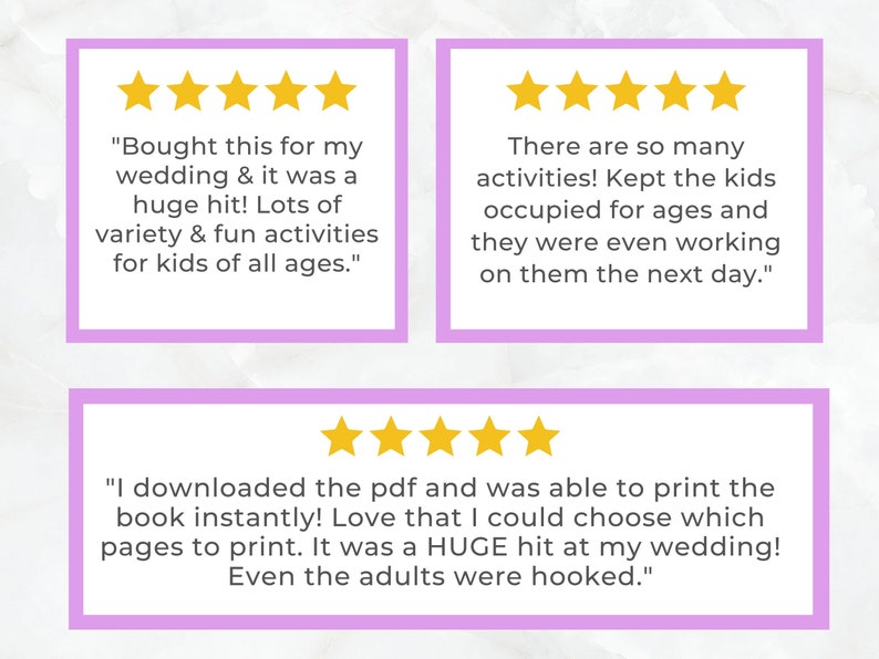 May include: Three customer reviews with five stars each. The reviews highlight the fun activities for kids of all ages, the variety of activities, and the ease of printing the PDF.