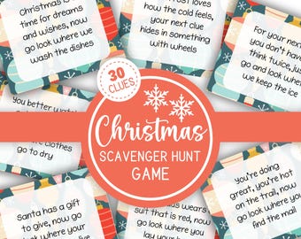 Pode incluir: Um jogo de caça ao tesouro de Natal com 30 pistas. Os cartões do jogo são coloridos e apresentam ilustrações festivas. Cada cartão tem uma pista diferente escrita nele, como "O Natal é um momento para sonhos e desejos, agora vá ver onde lavamos os pratos."