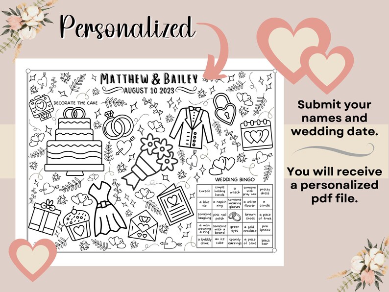 May include: A black and white printable wedding bingo card with a list of wedding-related items to check off. The card includes the text "Wedding Bingo" and the date "August 10, 2023".