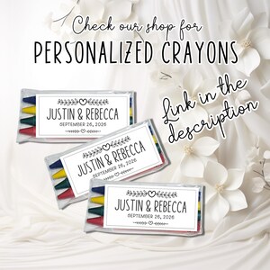May include: Three packs of personalized crayons with the names "Justin & Rebecca" and the date "September 26, 2026" printed on the labels. Each pack contains crayons in red, green, yellow, and blue. Text on the image says "Check our shop for PERSONALIZED CRAYONS" and "Link in the description".