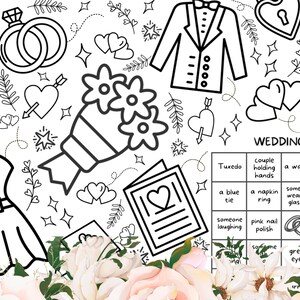 May include: A black and white wedding bingo card with a variety of wedding-themed icons. The card has squares with phrases like "Tuxedo", "Couple holding hands", "A watch", "Someone with gray hair", "A blue tie", "A napkin ring", "Someone wearing glasses", "A white flower", "Someone laughing", "Pink nail polish", "Two rings", "Brown shoes", "Someone with green eyes", and "A gold necklace".