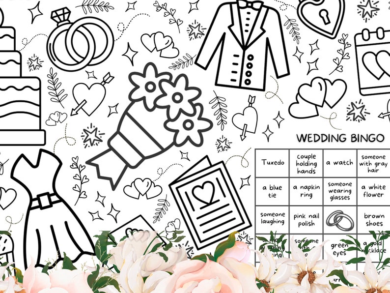 May include: A black and white wedding bingo card with a variety of wedding-themed icons. The card has squares with phrases like "Tuxedo", "Couple holding hands", "A watch", "Someone with gray hair", "A blue tie", "A napkin ring", "Someone wearing glasses", "A white flower", "Someone laughing", "Pink nail polish", "Two rings", "Brown shoes", "Someone with green eyes", and "A gold necklace".