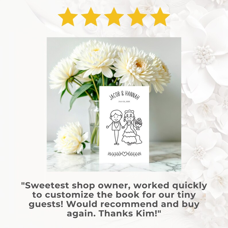 May include: A black and white wedding card with the names "Jacob & Hannah" and the date July 25, 2020. The card features a cartoon illustration of a bride and groom holding hands, with a bouquet of flowers. White flowers are in a glass vase.