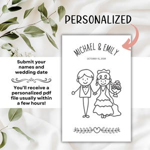 May include: A black and white personalized wedding announcement with the names "Michael & Emily" and the date "October 10, 2026". The announcement features stick figures of a bride and groom holding hands. Text on the left side says "Submit your names and wedding date".