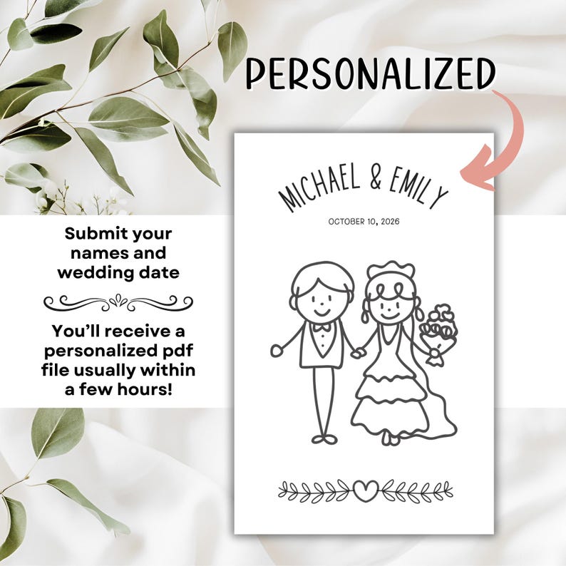 May include: A black and white personalized wedding announcement with the names "Michael & Emily" and the date "October 10, 2026". The announcement features stick figures of a bride and groom holding hands. Text on the left side says "Submit your names and wedding date".