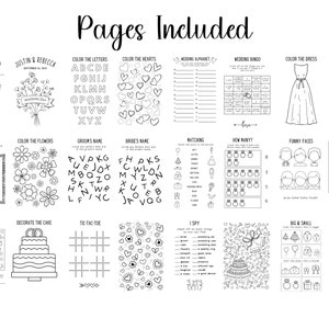 May include: A black and white printable wedding activity book with pages for coloring, word searches, matching, and more. The book includes pages for coloring letters, hearts, flowers, a wedding dress, a suit, and a wedding cake. The book also includes pages for drawing a picture, matching wedding-related items, counting rings, playing tic-tac-toe, and finding hidden objects.