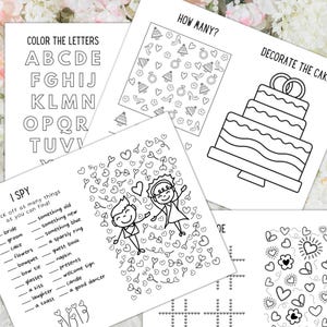 May include: A collection of black and white wedding-themed activity sheets. The sheets include games like I Spy, a letter coloring page, a count the objects game, and a cake decorating activity. The sheets are decorated with hearts and wedding-related graphics.