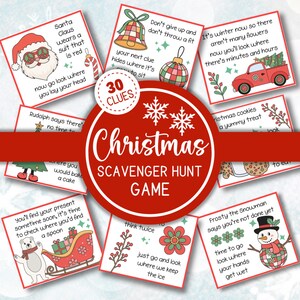 以下が含まれることがあります： カラフルなイラストとヒントが書かれたクリスマスの宝探しゲームカード30枚セット。カードにはサンタクロース、雪だるま、ベル、クリスマスツリー、赤いトラック、クッキーが描かれています。
