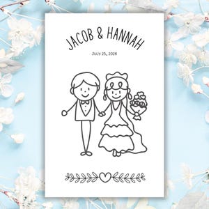 May include: A white wedding invitation with the names "Jacob & Hannah" and the date "July 25, 2026" in black text. The invitation features a simple line drawing of a bride and groom holding hands, with a floral and heart design at the bottom.