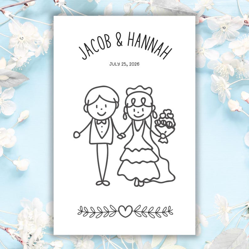 May include: A white wedding invitation with the names "Jacob & Hannah" and the date "July 25, 2026" in black text. The invitation features a simple line drawing of a bride and groom holding hands, with a floral and heart design at the bottom.