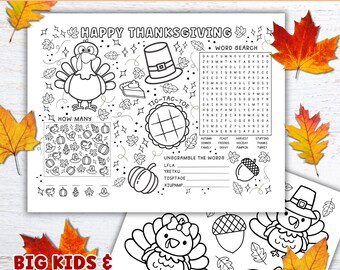 Tovaglietta per bambini per il Ringraziamento: pagina da colorare e gioco per feste (download digitale)