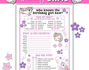 Unicorn Who Knows the Birthday Girl for Kids | Printable Party Activity Game (pdf download)
