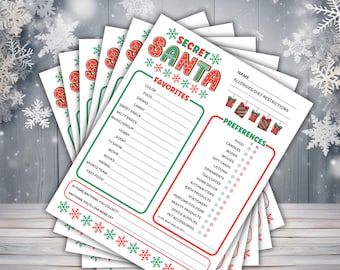 Secret Santa Questionnaire Printable, Christmas Gift Exchange (Digital Download)