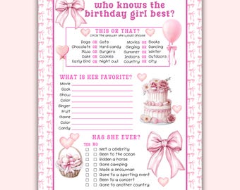 Who Knows the Birthday Girl Best | Birthday Trivia Printable Party Game Quiz for Girls Adult Party Games for Her
