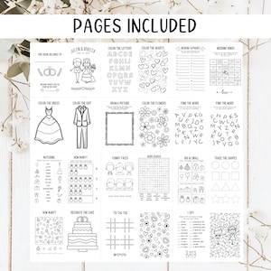 May include: A collection of printable wedding activity pages, featuring coloring pages, word searches, and games. Includes pages for the wedding party to enjoy, with the text "Pages Included" at the top.