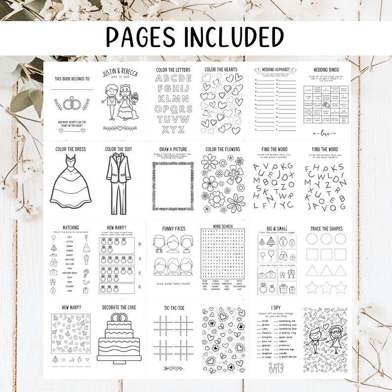 May include: A collection of printable wedding activity pages, featuring coloring pages, word searches, and games. Includes pages for the wedding party to enjoy, with the text "Pages Included" at the top.