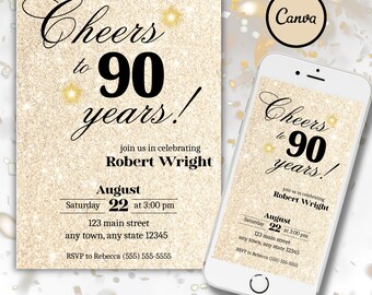 90th Birthday Invitation | 50th 60th 70th 80th 100th Birthday Invite Canva Editable Printable Evite Bday