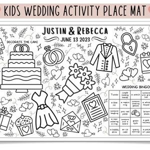 May include: A black and white printable wedding activity place mat for kids. It features a wedding cake, rings, a bouquet of flowers, a tuxedo, a lock, a calendar, a gift box, a cupcake, a dress, a wedding bingo card, and the text "Justin & Rebecca June 13 2023".