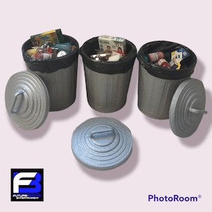 Miniature Trash can for fingerboarding, diorama and dollhouse 1/8 scale w/ trash included