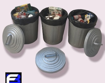 Miniature Trash can for fingerboarding, diorama and dollhouse 1/8 scale w/ trash included
