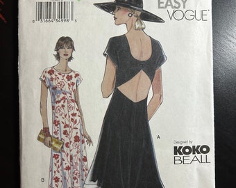 Vogue 7596 Very Easy Vogue Pattern, Women&#39;s One Piece Dress, Half Backless, Two Lengths by KOKO BEALL Sizes 8, 10, 12 UNCUT