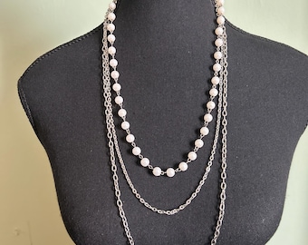 Vintage Faux Pearl and Chain 3 Strand Long Necklace