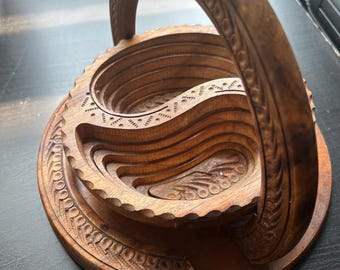 Vintage Fruit Bowl Wooden carved Collapsible Basket with 3 Compartments Hand Carved