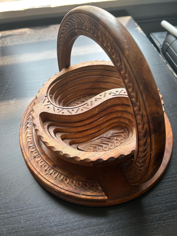 Vintage Fruit Bowl Wooden carved Collapsible Basket with 3 Compartments Hand Carved
