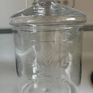 Vintage Clear Glass Large Jar with Glass Lid Snowflake Apothecary