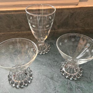 Set of 3 Vintage Glass Boopie Base Etched Circles and Bands Globlet and Cocktail Glasses Retro Barware