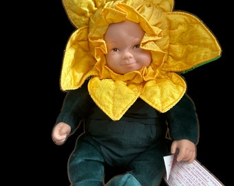 Bambola vintage da collezione Anne Geddes Baby Sunflower 10" occhi azzurri