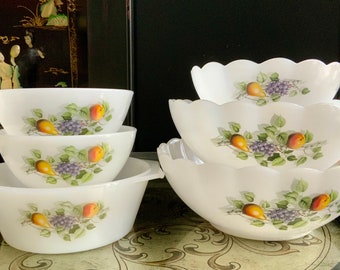 Charming Arcopal White Milk Glass Fruits de France Bowls & Small Casserole Dish ~ 6 Pieces ~ Made in France ~ 1970s  ~ A Great Gift Idea!