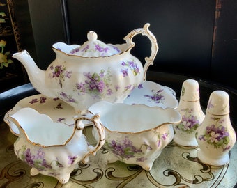 Exquisite Hammersley Victorian Violets from England’s Countryside Tea Set ~ Includes Teapot~Creamer~Sugar Bowl~Platter & Two Shakers