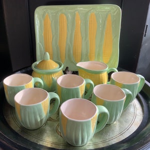 Summertime Favorite ~ Fantastic 10Pc Glazed Ceramic Corn on the Cob Coffee Set ~ Tea Set ~ Corn on the Cob Serving Platter ~ 1970s