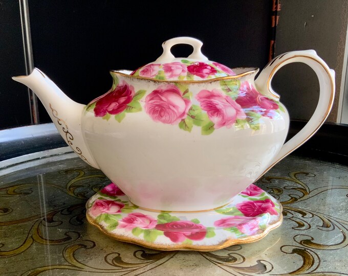 Extremely Hard to Find Royal Albert Old English Rose Teapot and Trivet