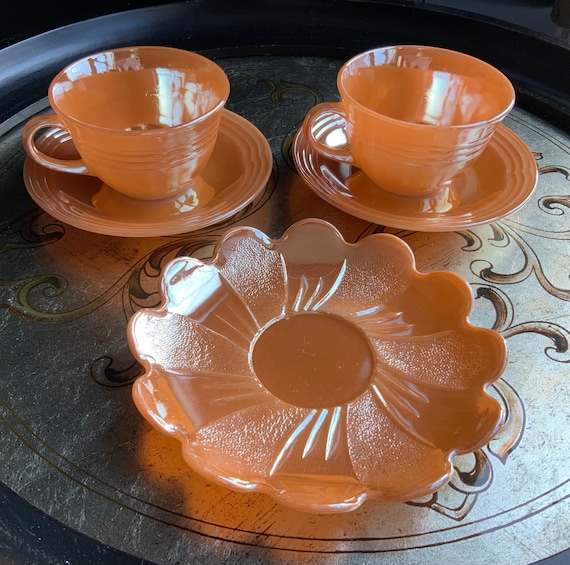 Vintage Fireking Peach Lustre 5 Piece ~ 2 Cups, 2 Saucers, 1