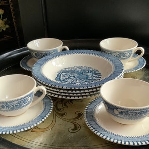 Hard to Find 12 Pc Blue and White Currier and Ives Country Life Dinnerware Dishes by Royal China ~ Includes 4 Bowls ~ 4 Cups ~ 4 Saucers