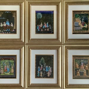 Set of Six Framed Mughal Miniatures Hand Painted on Silk ~ Radha with Krishna and Gopis ~ Pichwai Pichvai ~ Ras Lila ~ Hindu Mythology