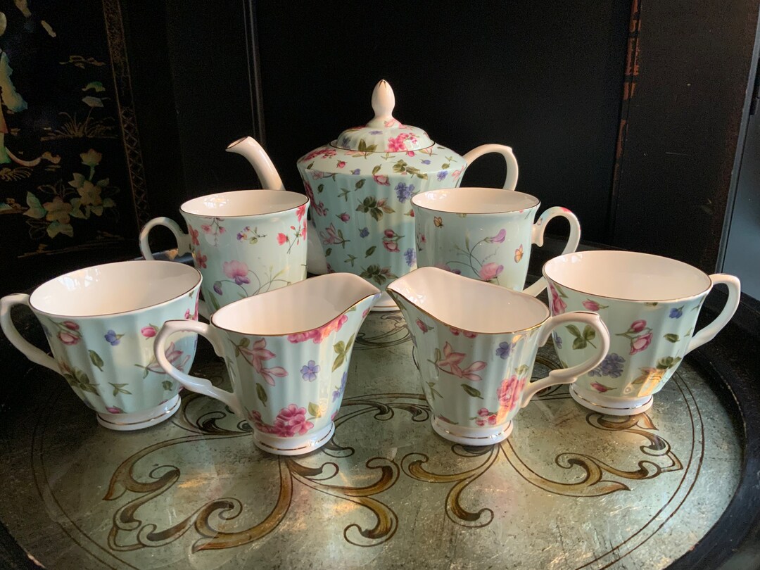 Awesome Eclectic Gracie Blue China Rose Chintz Beverage Set Perfect for