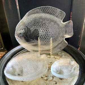 Lot 6 assiettes + 2 plats vintage Arcoroc forme poisson en verre trempé service à poisson vintage déco mer nautique - Arts de la table
