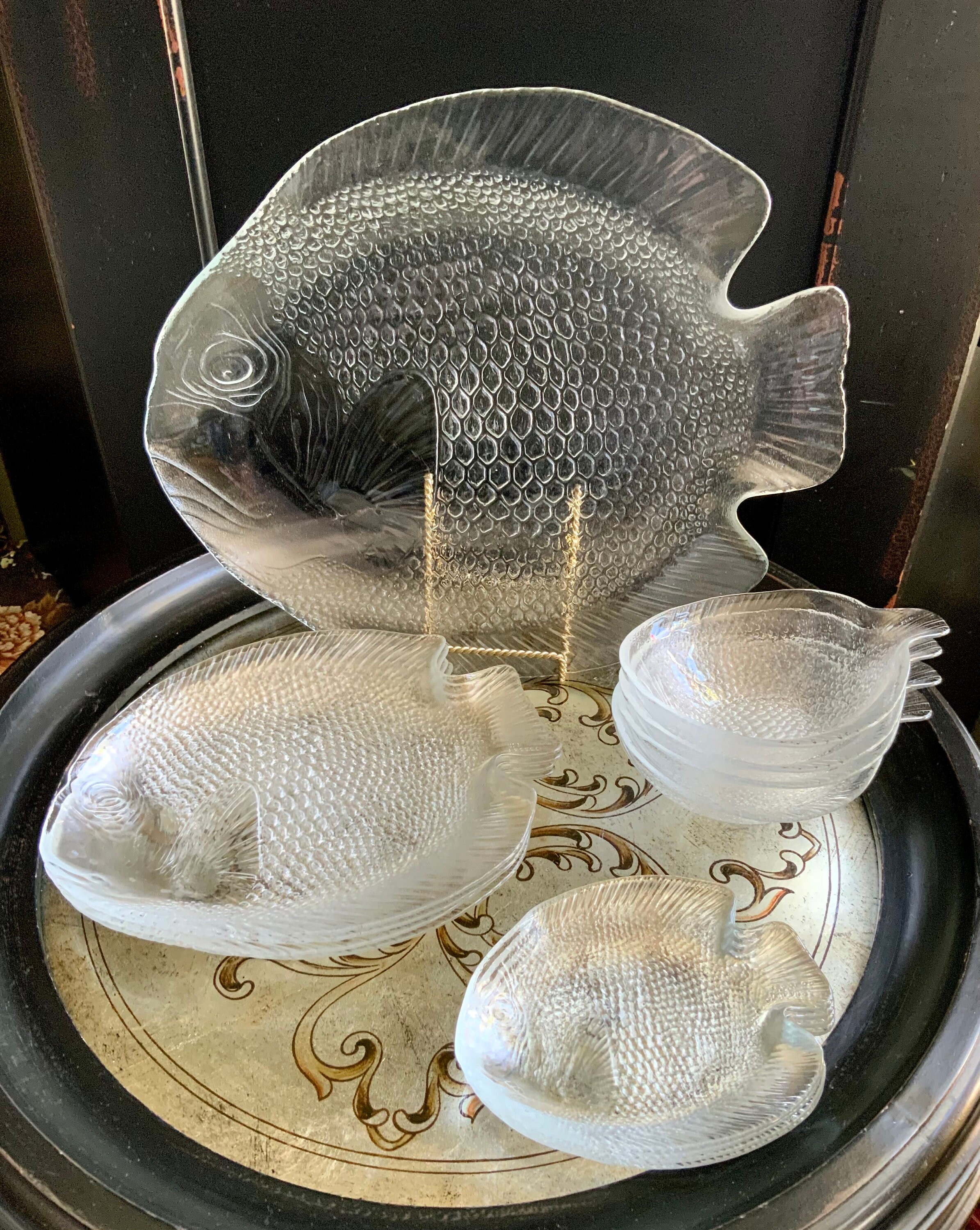 Fantastic Full 13 Piece Arcoroc Poisson Series Serving Set Fish Pattern Glass Dishes Made in France 1970s Fish Plates Great Gift