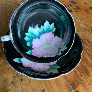Vintage Hand Painted Black and Pink Floral Tea Cup and Saucer ~ Made in Japan ~ Shafford Fine Bone China