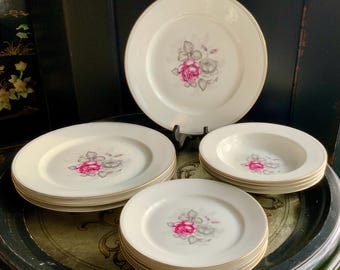 28Pc Rosenthal Germany Gray Dawn Dinnerware Set ~ Made in Germany ~ 1950s ~ Gray and Red Rose Center ~ Gold Trim
