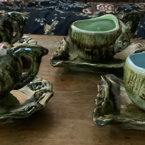 Wonderful Japanese Conch Shell Green Pottery Cups and Saucers ~ Set of Four ~ Inside Cups One Each Blue, Green, Pink, and Yellow ~ 1950s