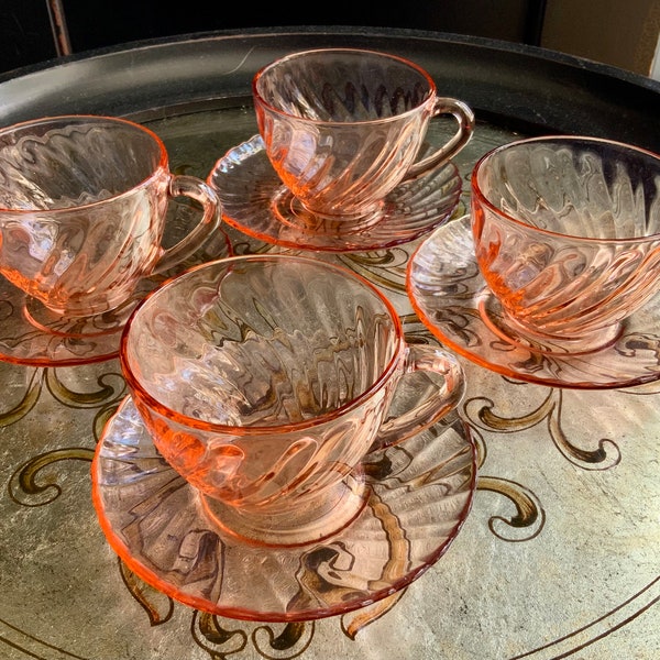 Set of Four Desirable Vintage Arcoroc Rosaline Pink Swirl Optic Cups & Saucers ~ Made in France ~ Pink Glass ~ Tea Cups ~ Coffee Cups